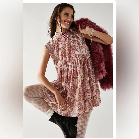 Free people all the time pink velvet sleeveless babydoll dress size small new - Picture 2 of 8